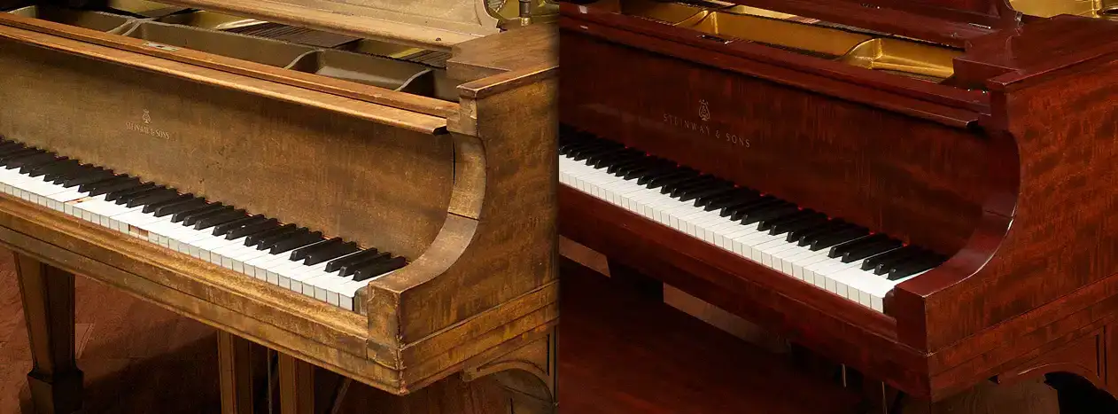 Before and after photo showing an old wood-tone piano that was beautifully refinished to reveal an African Mahogany veneer.